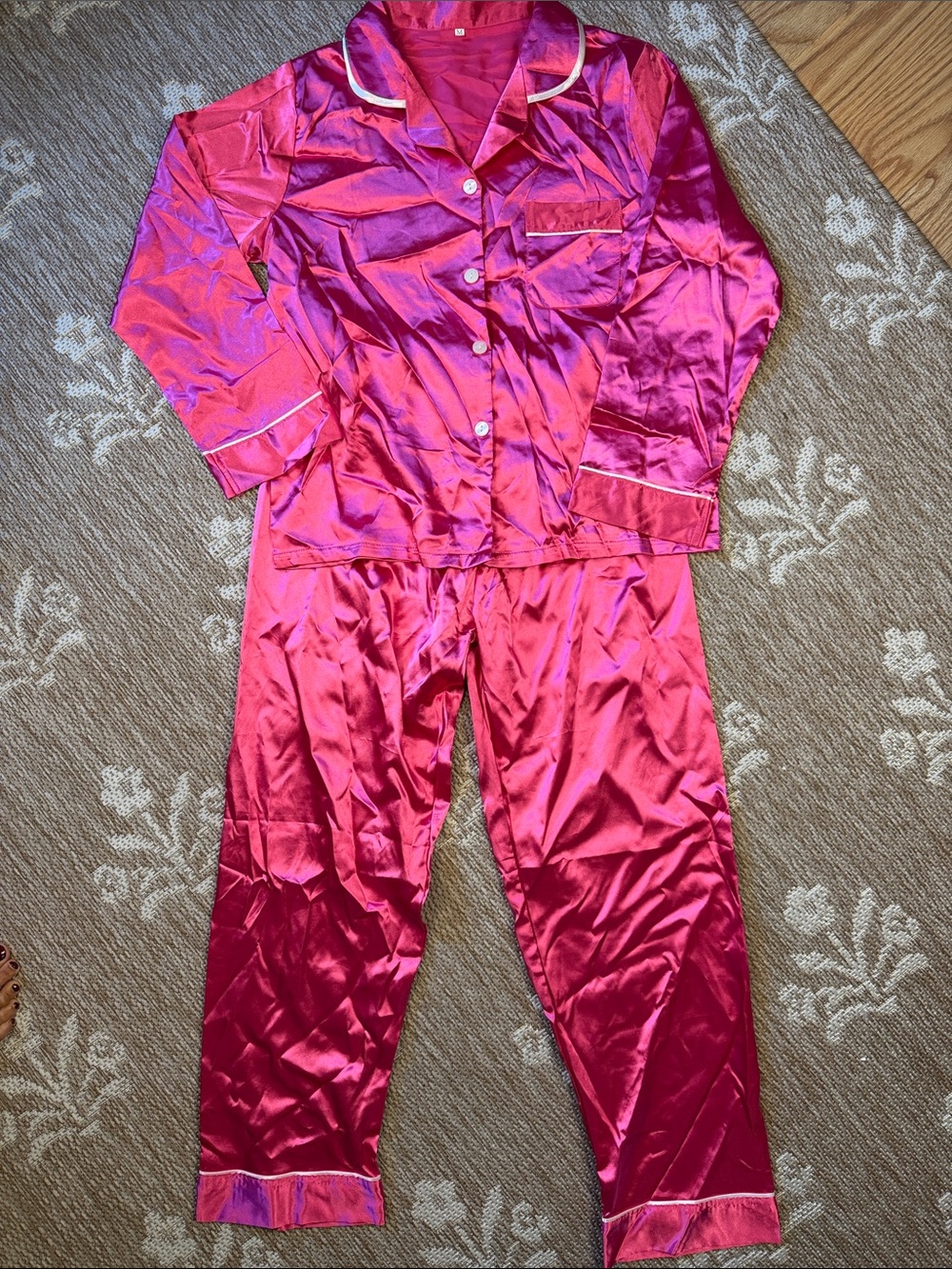 Women’s  Satin like  Pink Pajama Set - Classic Button-Down